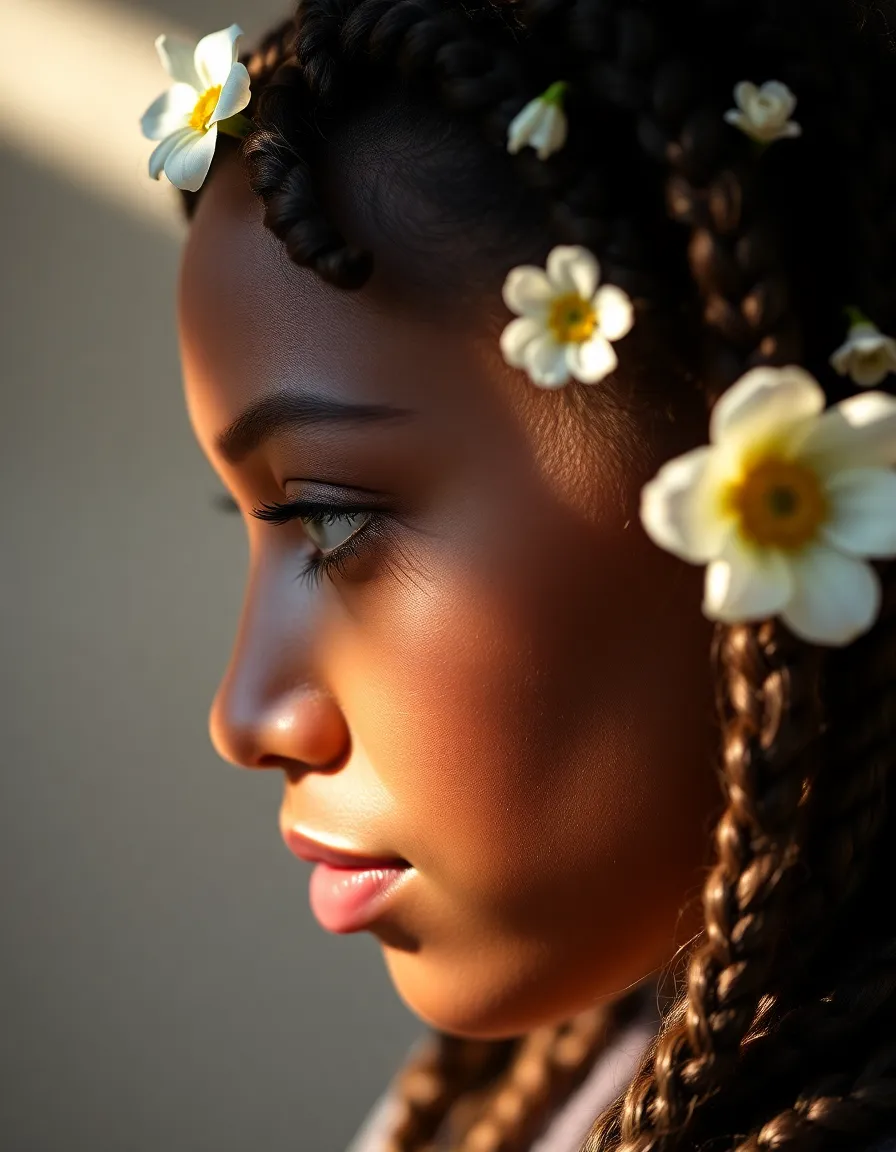 This image captures a stunning close-up of a woman showcasing a detailed braided hairstyle embellished with delicate flowers. The soft morning light enhances her natural beauty, casting gentle shadows that add depth. The vibrant colors of her hair and the floral accents pop against the creamy background, creating a serene and inviting mood. The composition elegantly draws the viewer's eye, emphasizing the artistry of the hairstyle.
