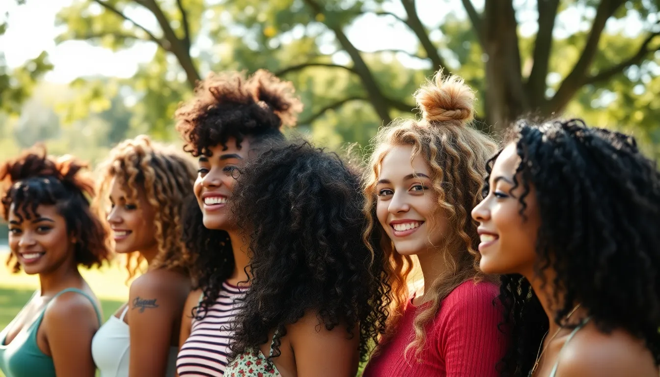 This lively image captures a diverse group of friends showcasing an array of trendy hairstyles against a lush outdoor backdrop. Dappled sunlight creates a vibrant atmosphere, enhancing the colors and details of their unique hair designs. The hyperfocal focus ensures clarity for every style, inviting viewers to explore each look. This scene radiates joy and individuality, making it perfect for fashion or lifestyle publications.