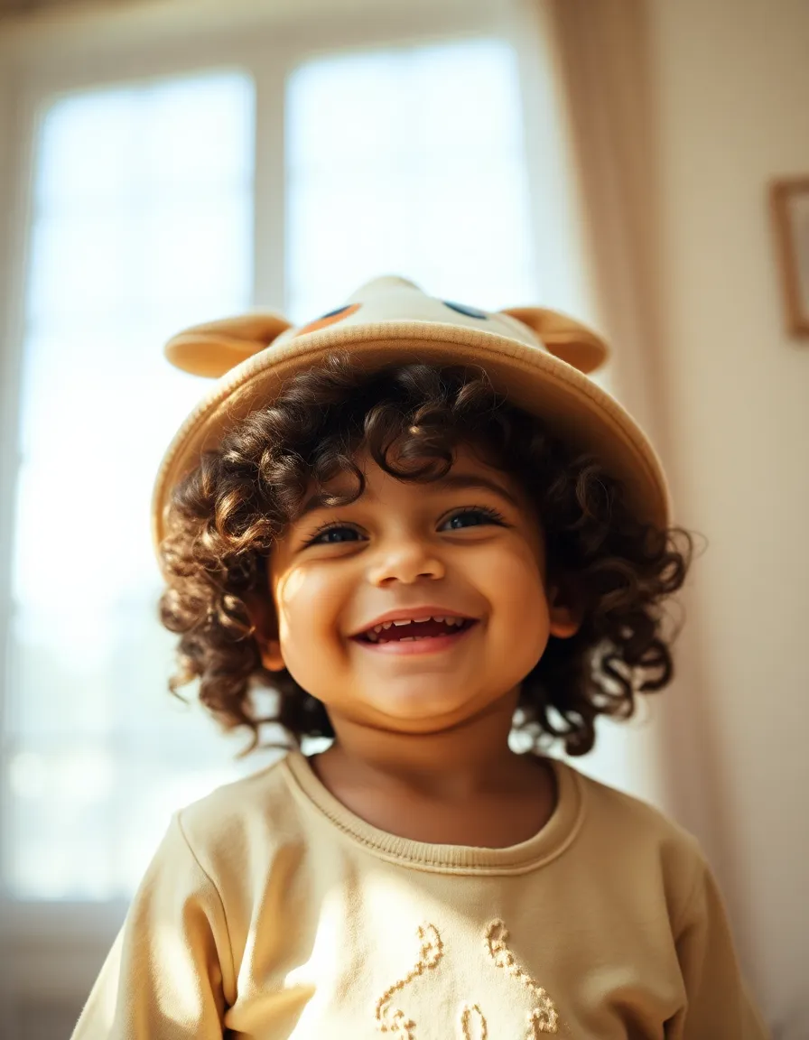 This delightful image features a small child with vibrant curly hair, adorned with a playful hat. Illuminated by soft daylight, the scene radiates warmth and innocence. The shallow depth of field emphasizes the child's joyful expression, while the rich textures of their hair and hat stand out in vivid detail. This heartwarming photograph captures the essence of childhood, perfect for family or children's fashion themes.