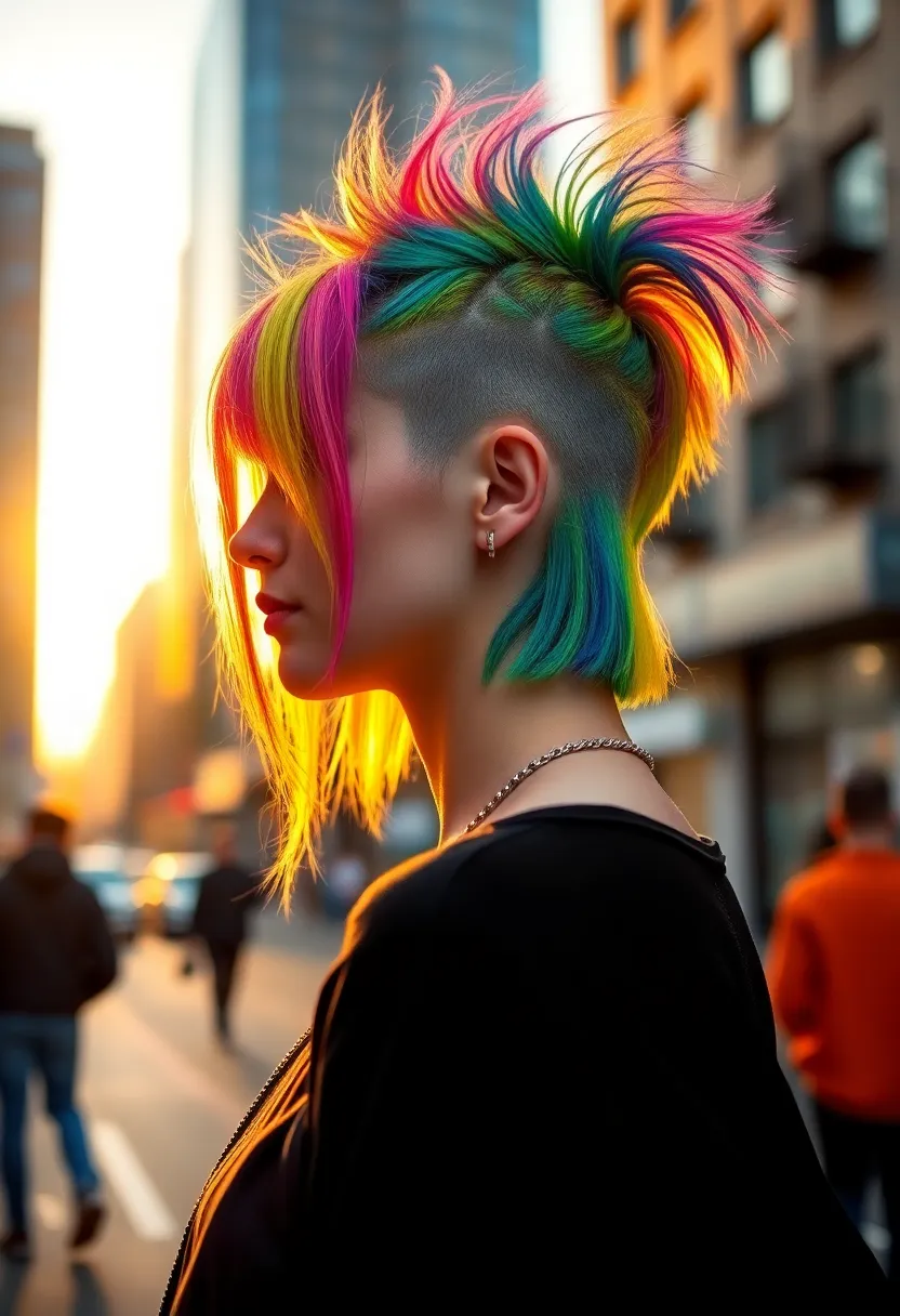 This dynamic portrait captures a model with a colorful undercut hairstyle, embodying vibrant street fashion against a city backdrop at golden hour. The warm backlighting creates an eye-catching rim light effect, enhancing the hairstyle's vivid colors. The shallow depth of field ensures that the model stands out against the softly blurred urban setting. This energetic image resonates with youth culture and fashion, making it ideal for contemporary publications.
