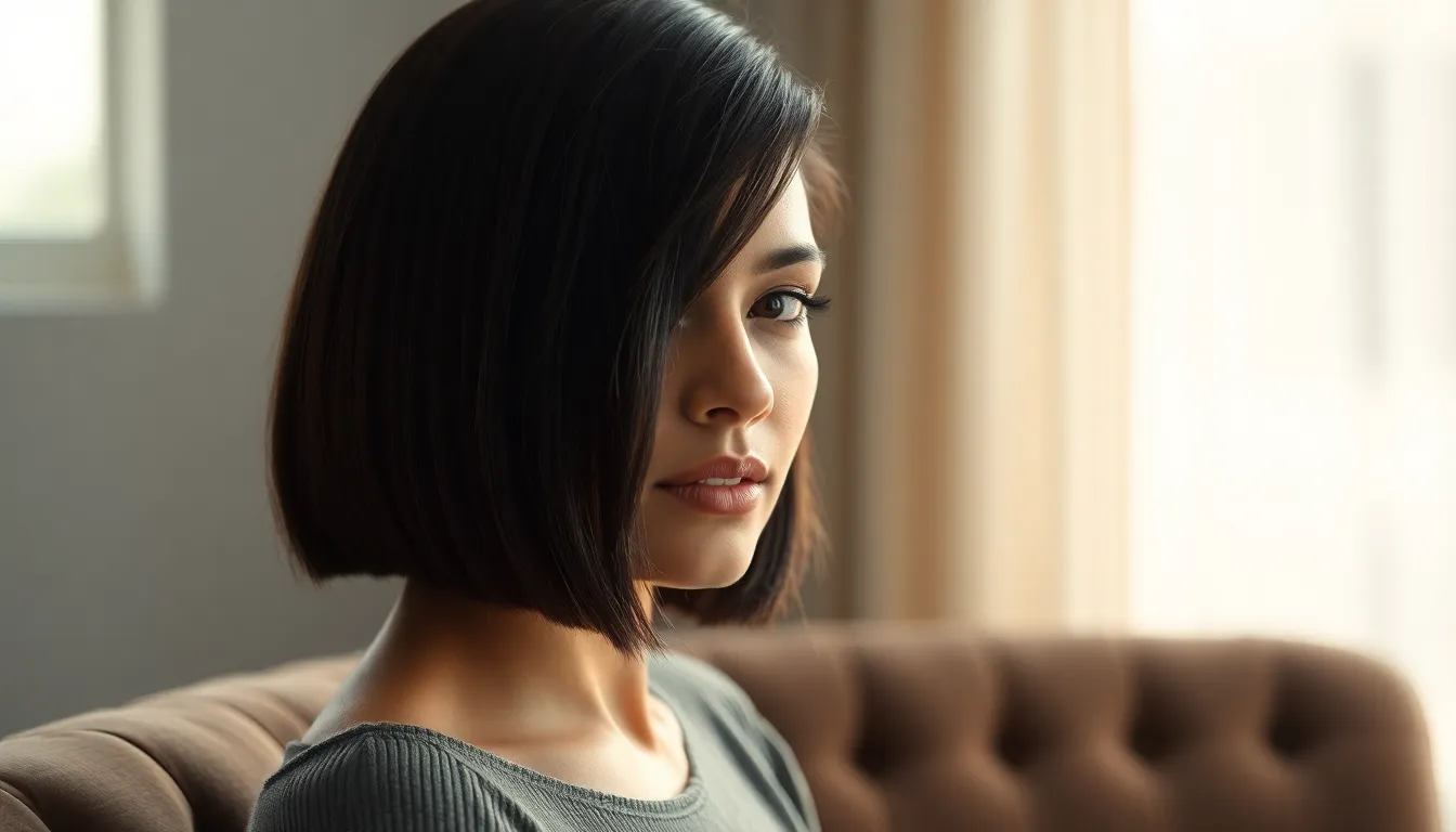 This image showcases a woman with a stylish bob hairstyle, elegantly styled to the side. Captured in soft natural light, her confident expression is enhanced by the warm tones of the Kodak Portra color palette. The background features a blurred velvet chair, creating a visually appealing depth. This portrait emphasizes modern beauty and fashion with a touch of sophistication.