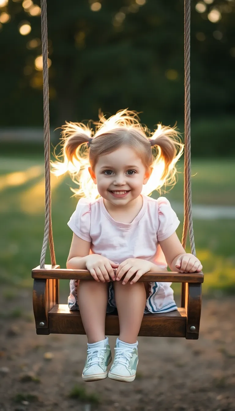 This charming image captures a young girl joyfully swinging, her playful pigtails bouncing in the light. The warm golden hour sun creates a beautiful halo effect, enhancing the happiness of the moment. With a creamy color palette and a shallow depth of field, the focus remains on her expressive face, while the background softly fades away. This portrait evokes feelings of childhood innocence and joy.