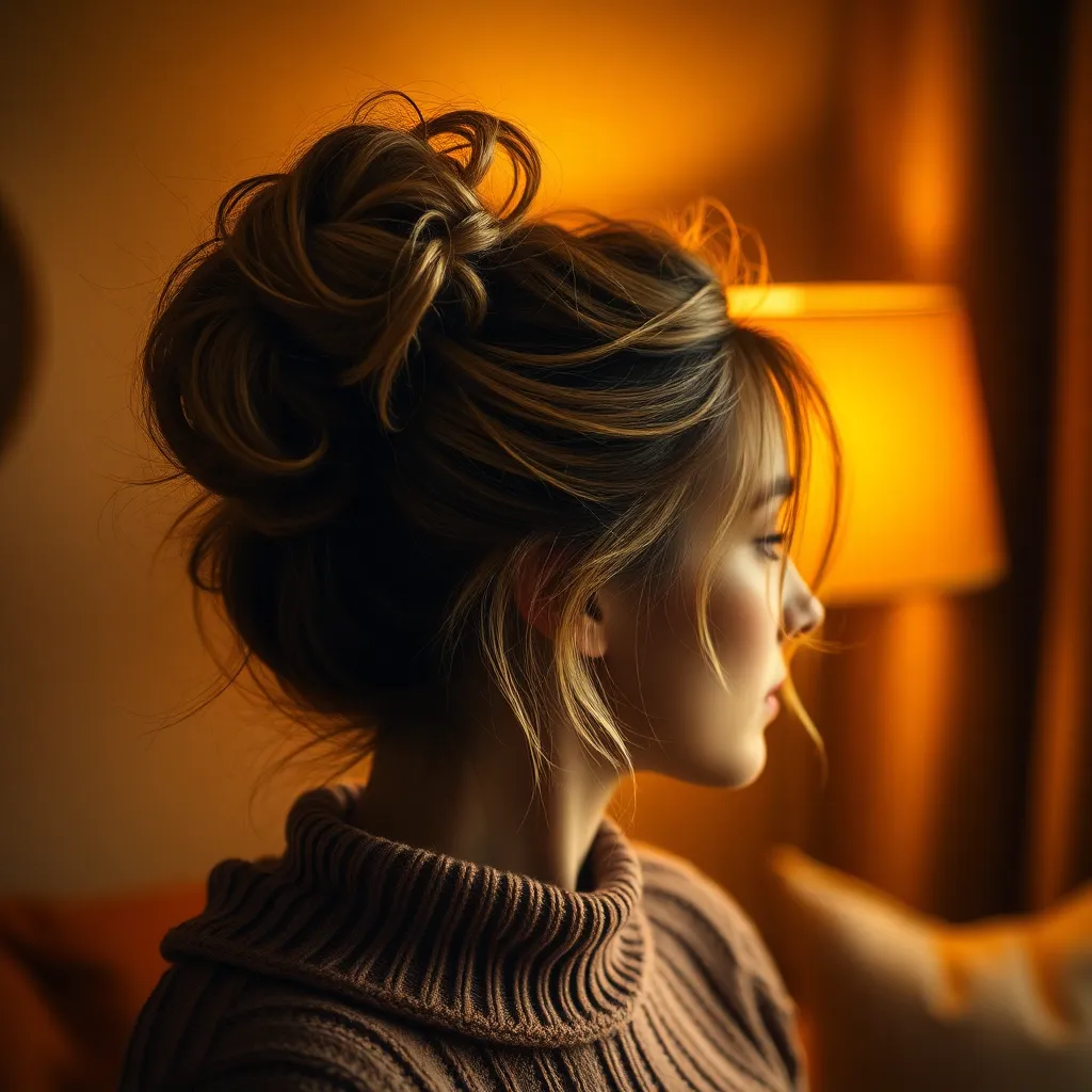 This intimate close-up features a model's messy bun hairstyle, beautifully framed to highlight the texture and volume of the hair. Shot in a warm indoor setting, the soft tungsten light enhances the cozy atmosphere, while a shallow depth of field draws attention to the stylish bun. The warm color palette enriches the inviting feel of the image, making it a perfect fit for fashion and lifestyle content.