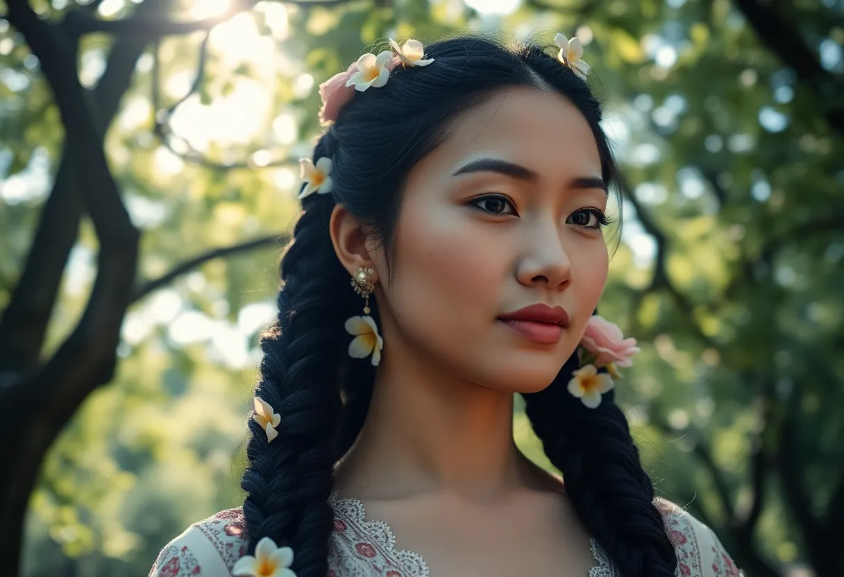 This vibrant image displays an Asian woman showcasing her beautifully braided hairstyle adorned with delicate flowers. Dappled sunlight filters through the trees, creating a magical, serene ambiance. The rich colors and intricate details of the braids stand out against the lush greenery, while the sharp focus draws the viewer's attention to her striking features. This portrait captures the essence of beauty and nature in perfect harmony.
