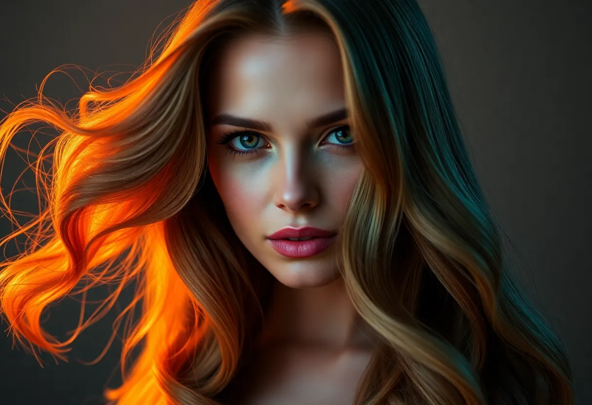 This striking image captures an elegant woman with long, flowing hair styled in soft waves, exuding sophistication and glamour. The polished studio lighting beautifully highlights the rich texture of her hair, while the cinematic color grading adds a dramatic touch. The symmetrical composition frames her perfectly, drawing the viewer's attention to her graceful demeanor. This photograph embodies the essence of beauty and high fashion, ideal for editorial or marketing uses.