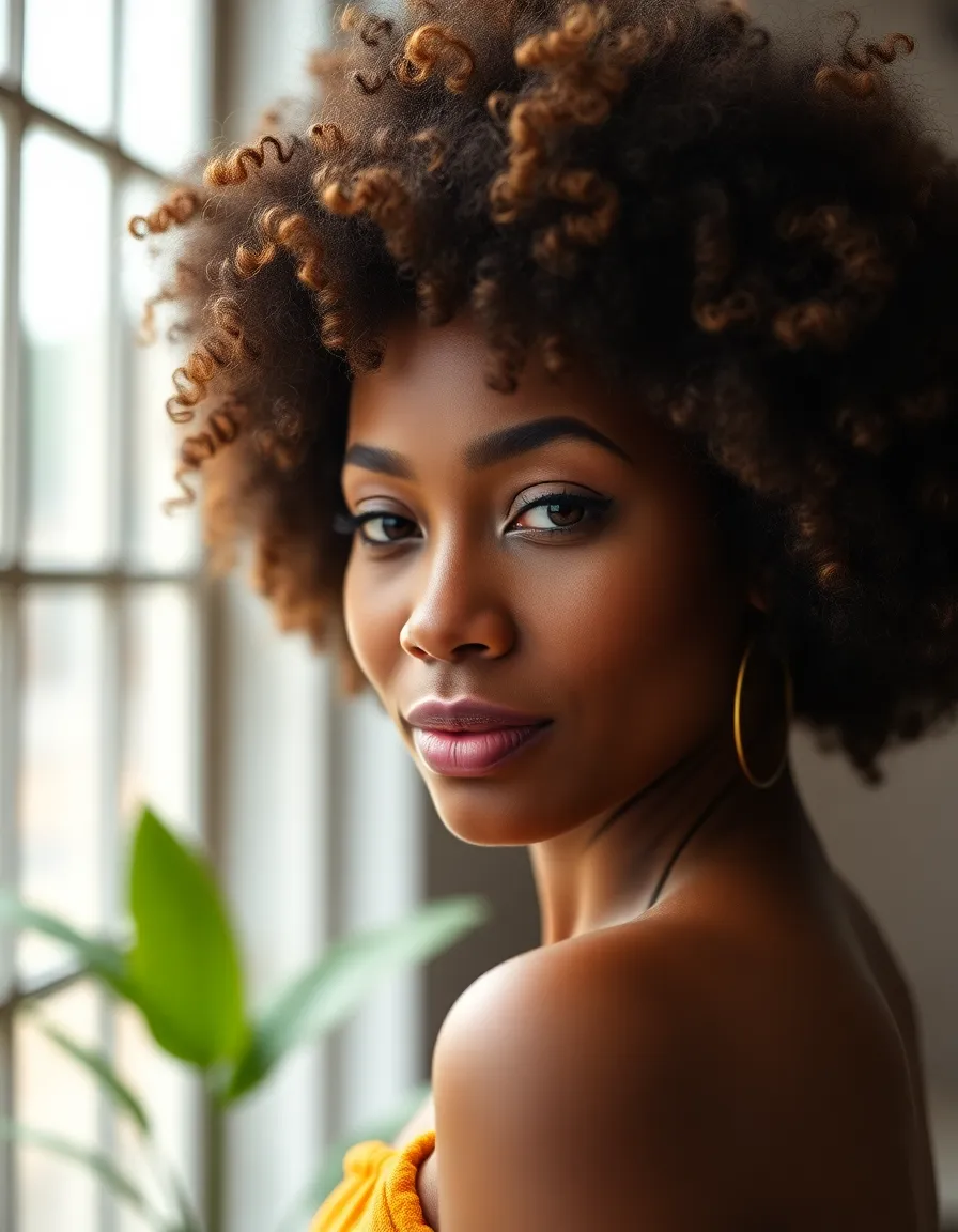 This stunning portrait showcases a woman with a vibrant afro hairstyle, beautifully caught in diffused daylight. The focus on her expressive eyes creates an engaging connection with the viewer, while the warm and earthy color palette complements her natural beauty. The shallow depth of field adds a touch of elegance, allowing her hairstyle to stand out. Soft bokeh in the background enhances the intimate atmosphere of the shot.