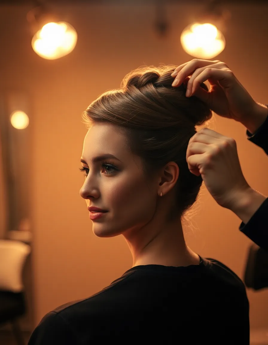 This intimate photograph captures a hairstylist at work, crafting a modern updo for a client. The warm spotlight draws attention to the hairstylist's focused expression and the intricate details of the hair design. With a very shallow depth of field, the background blurs into a soft bokeh, while muted tones create a calming atmosphere. The composition skillfully uses leading lines, guiding the viewer’s attention to the evolving hairstyle.