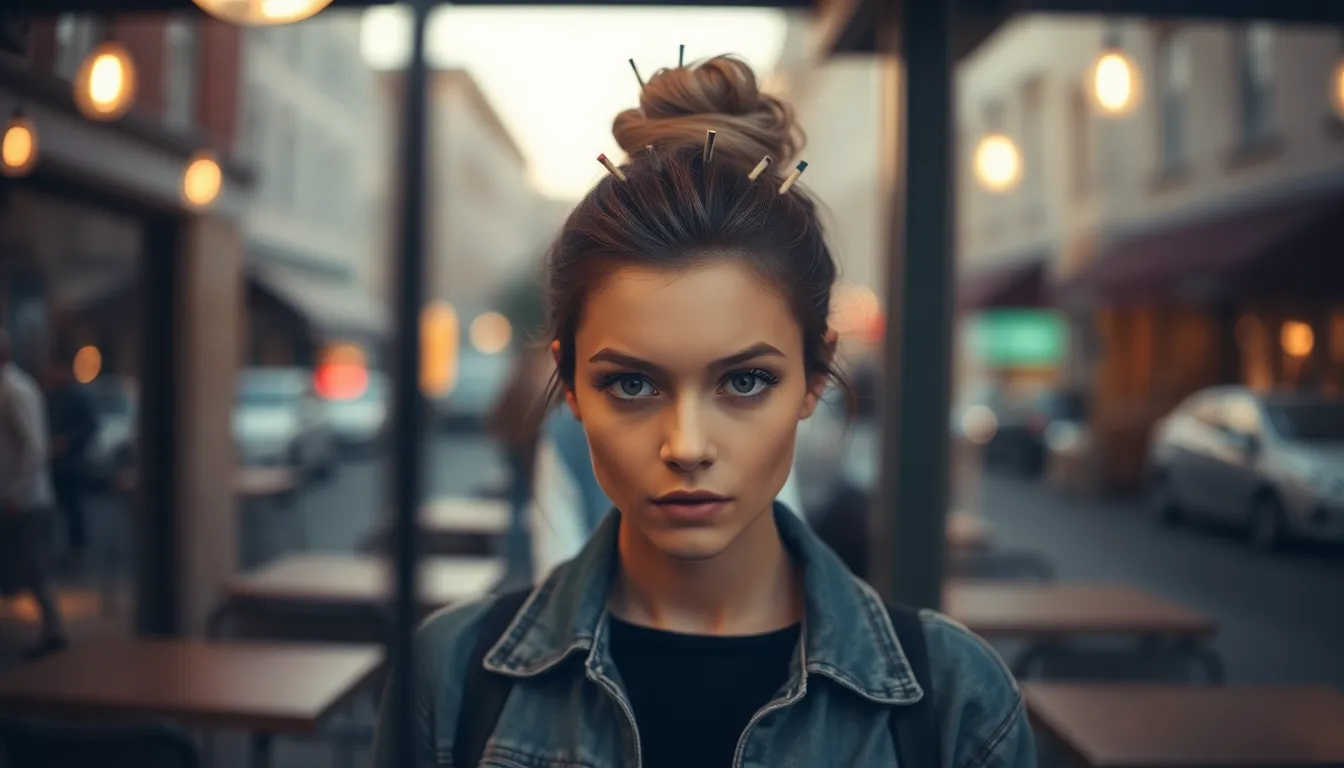 Trendy Messy Bun Hairstyle in Urban Café