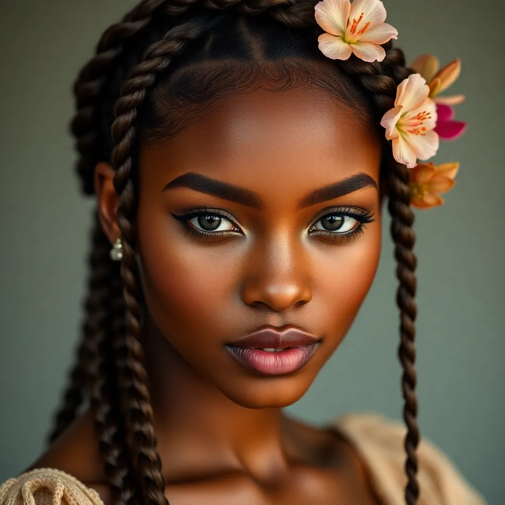Intricate Braided Hairstyle with Floral Accents This captivating close-up features a model with an intricate braided hairstyle beautifully adorned with delicate floral accents. The studio lighting enhances the texture of the braids, emphasizing their complexity and craftsmanship. The subtle color palette and clean background draw attention to the hair details and the model's tranquil expression, creating an inviting and serene beauty shot.
