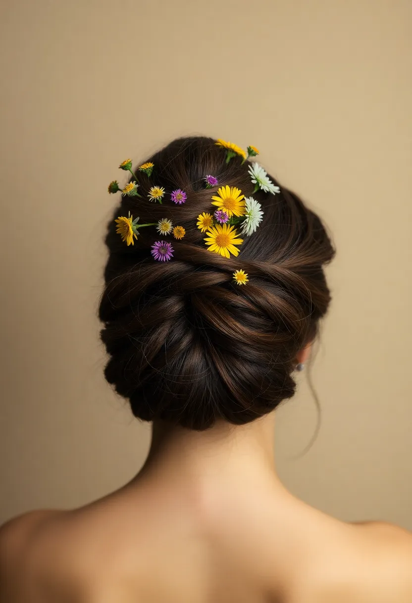 High Bun with Wildflower Accents In a studio setting, this image features a model with a high bun hairstyle, elegantly decorated with fresh wildflowers. Rembrandt lighting creates dramatic shadows, emphasizing facial features and the intricate floral details. The natural muted tones and desaturated earth colors add a serene quality to the composition, while the symmetrical arrangement draws attention to the hairstyle. The sharp focus ensures every detail is crisp and clear.