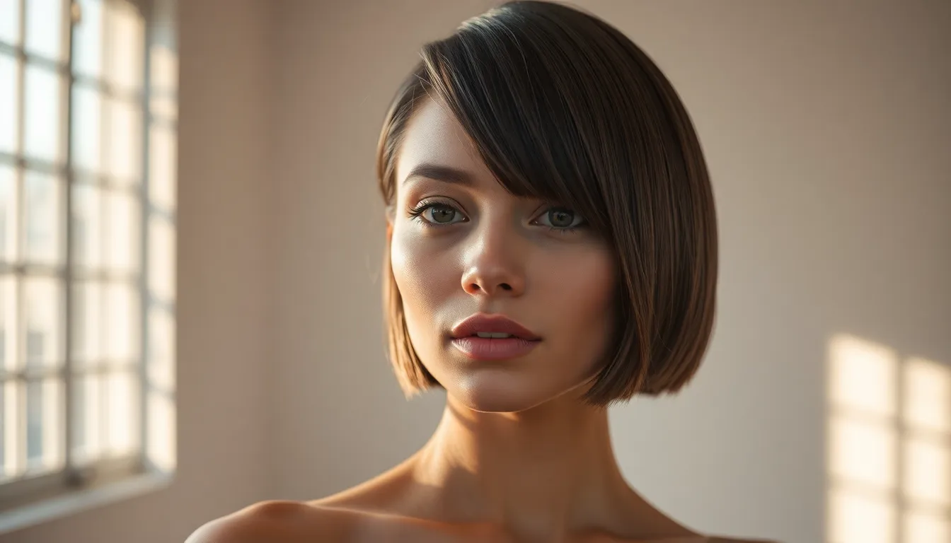 This photograph captures a model showcasing a sleek bob hairstyle, illuminated by soft, diffused natural light. The shallow depth of field draws attention to her facial features, while the muted warm tones enhance the overall beauty. With the model artfully positioned off-center, the composition effectively frames her captivating hairstyle. The image emphasizes realistic skin texture and healthy hair shine, evoking an elegant and chic atmosphere.