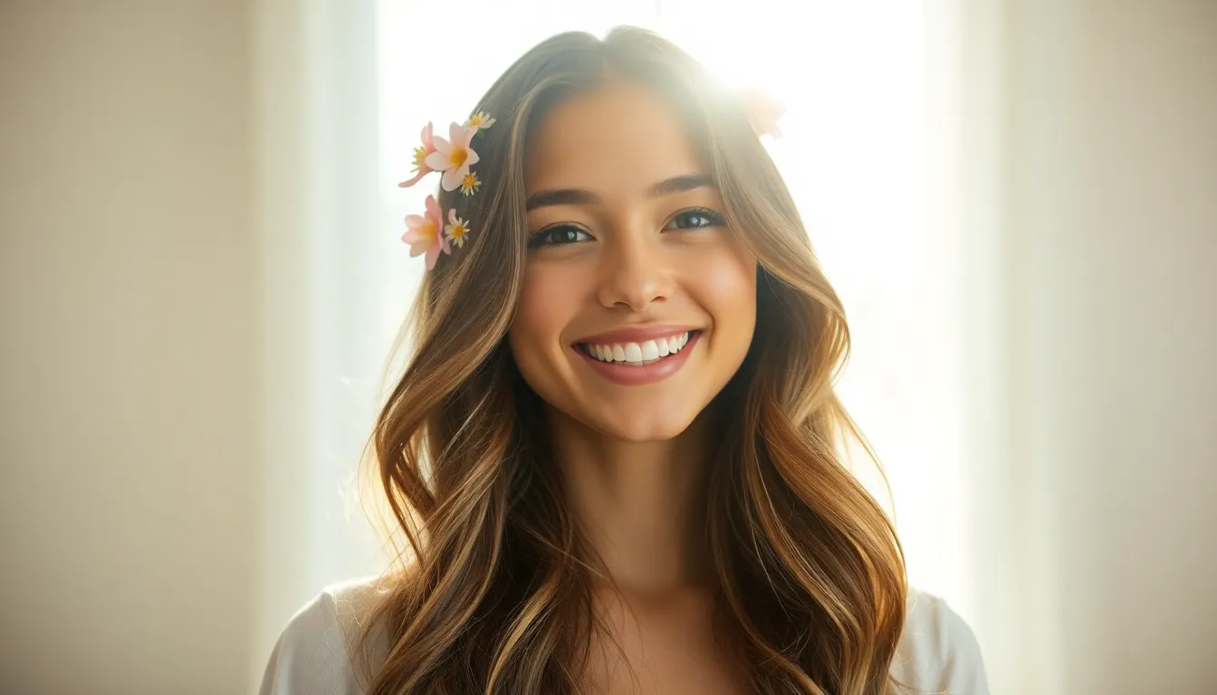 A serene close-up captures a young woman with long, flowing hair decorated with vibrant flowers, set against a softly lit background. The gentle pastels create a tranquil mood, while the natural light emphasizes the texture of her hair and skin. The composition draws attention to her expression, radiating joy and beauty, making it perfect for showcasing modern hairstyles in fashion.