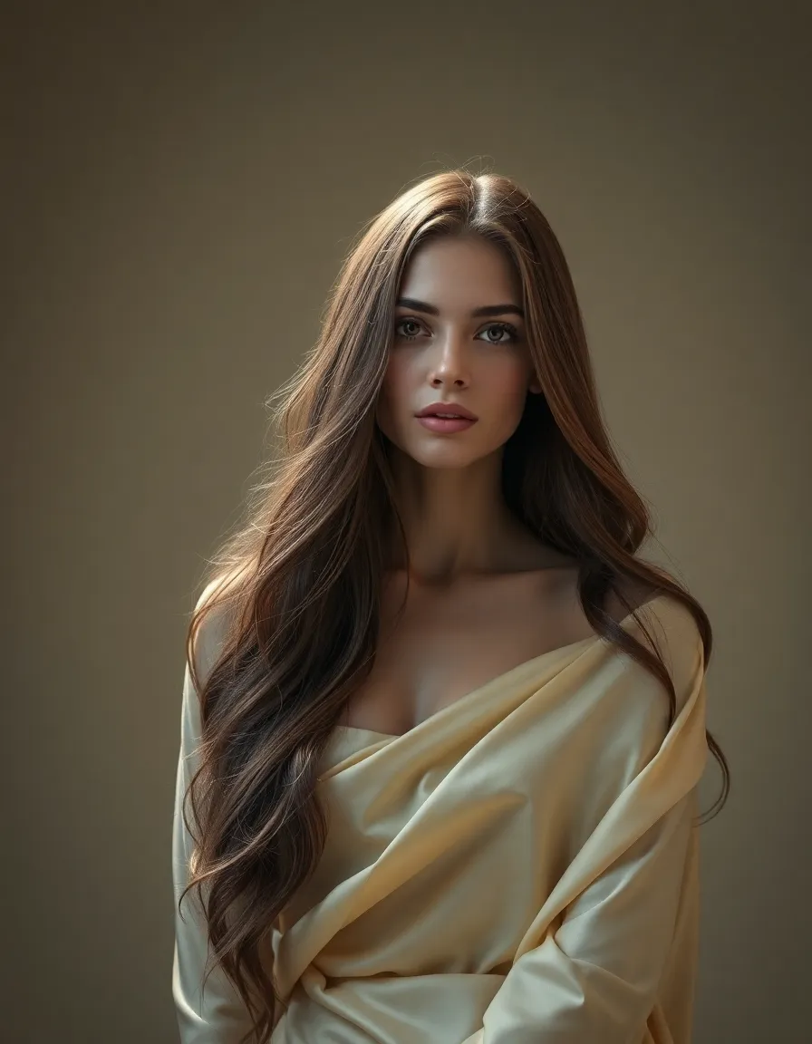 A stunning portrait of a model with long, flowing hair styled elegantly, set against a softly lit studio backdrop. The lighting beautifully separates her hair from the background, creating a soft and inviting atmosphere. The muted color palette complements her skin tones and the luxurious silk material draped over her shoulders. The composition draws the viewer's attention directly to her hair, showcasing its texture and movement.