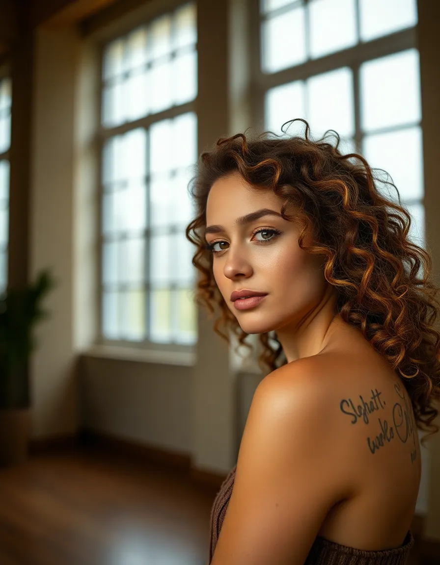 This vibrant image features a young woman with lively, defined curls standing in front of large windows that allow soft, diffused light to illuminate her hair. The rich, earthy color palette complements her natural beauty, while her confident expression radiates joy. The composition draws the eye to her hairstyle, positioned to the right within the frame, highlighting its texture and bounce. The soft skin texture adds to the authenticity of the moment, capturing the essence of beauty in everyday life.