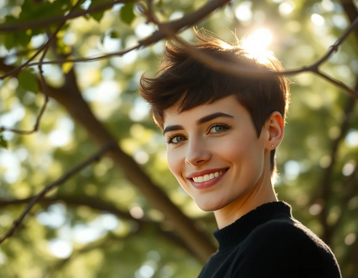 Bold Pixie Cut in Natural Surroundings This vibrant image captures a model with a bold pixie cut, set against a backdrop of dappled sunlight filtering through a lush tree canopy. The selective focus highlights the texture and style of the hair while the natural muted tones of greens and browns create a serene atmosphere. The composition benefits from leading lines provided by branches, drawing the viewer’s attention to the model's joyful expression. This image is perfect for showcasing modern hairstyles in nature.