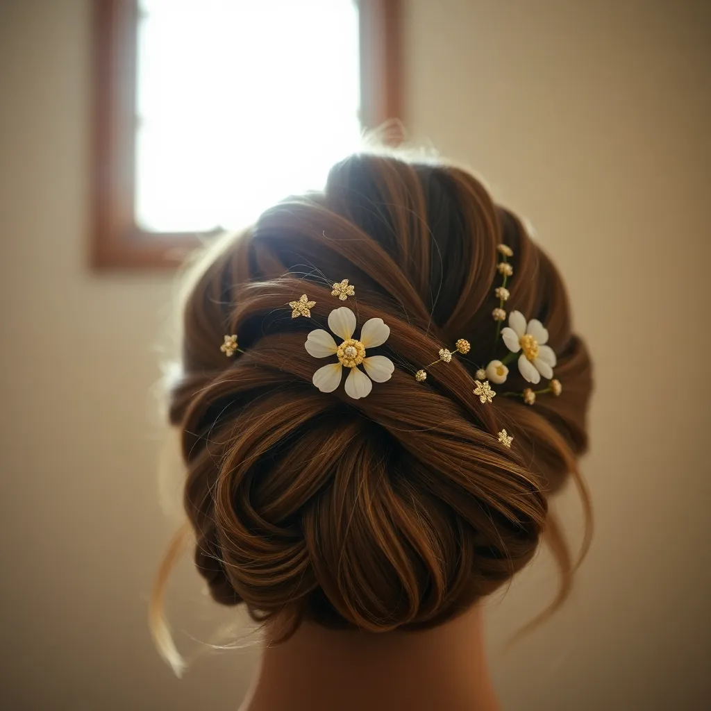 An exquisite close-up of an elegant updo hairstyle, beautifully adorned with elegant hair accessories. The soft diffused daylight enhances the intricate details of the hairstyle, making every twist and turn of hair visible. The natural muted tones evoke a sense of sophistication, perfect for bridal or formal occasions. This image celebrates the artistry of hairstyling with remarkable clarity.