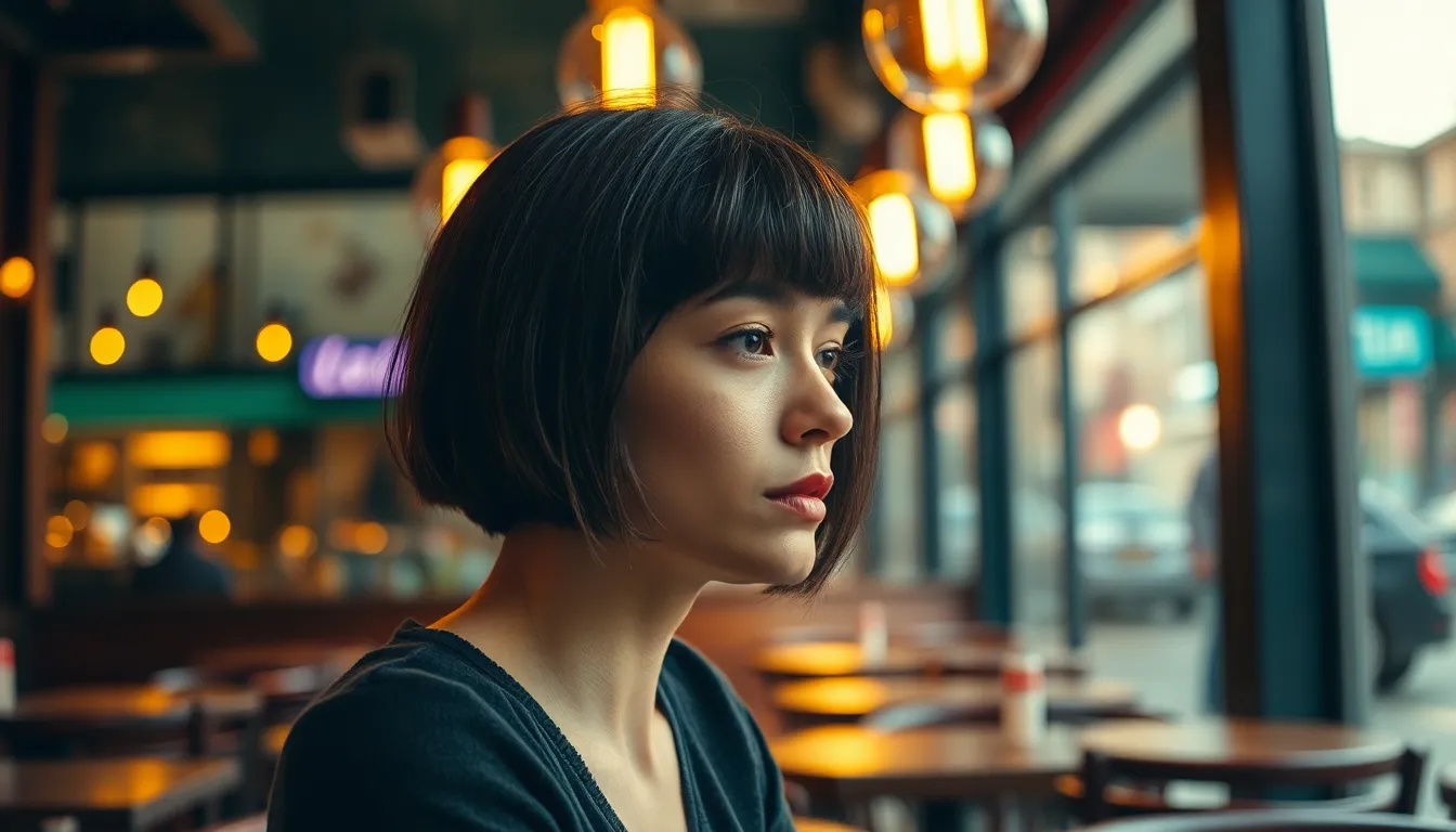 Sleek Bob Hairstyle at Cozy Urban Café A stylish portrait of a model with a sleek bob hairstyle, captured in a warm and inviting urban café setting. The warm tungsten lighting creates an intimate atmosphere, highlighting the model's contemplative expression. Selective focus emphasizes her face while the bustling background fades into a pleasant blur. This image embodies modern urban fashion and is ideal for lifestyle and beauty branding.