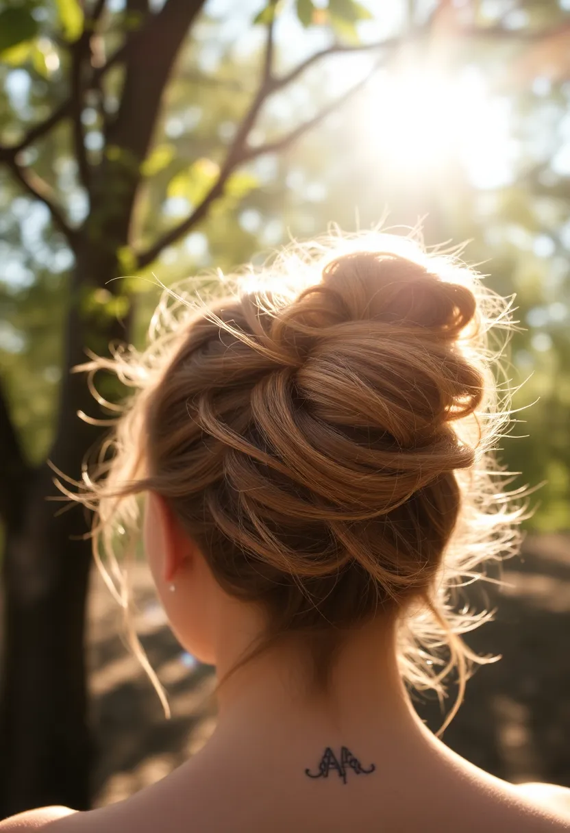 This enchanting image features a model showcasing a messy bun hairstyle enhanced with loose strands softly framing her face. The dappled sunlight filtering through the tree leaves creates a magical atmosphere while highlighting the intricate texture of her hair. The use of natural muted tones adds an organic feel, while the leading lines of branches guide the viewer's focus to the hairstyle. The combination of soft skin texture and sunlit highlights evokes a sense of tranquility and natural beauty.