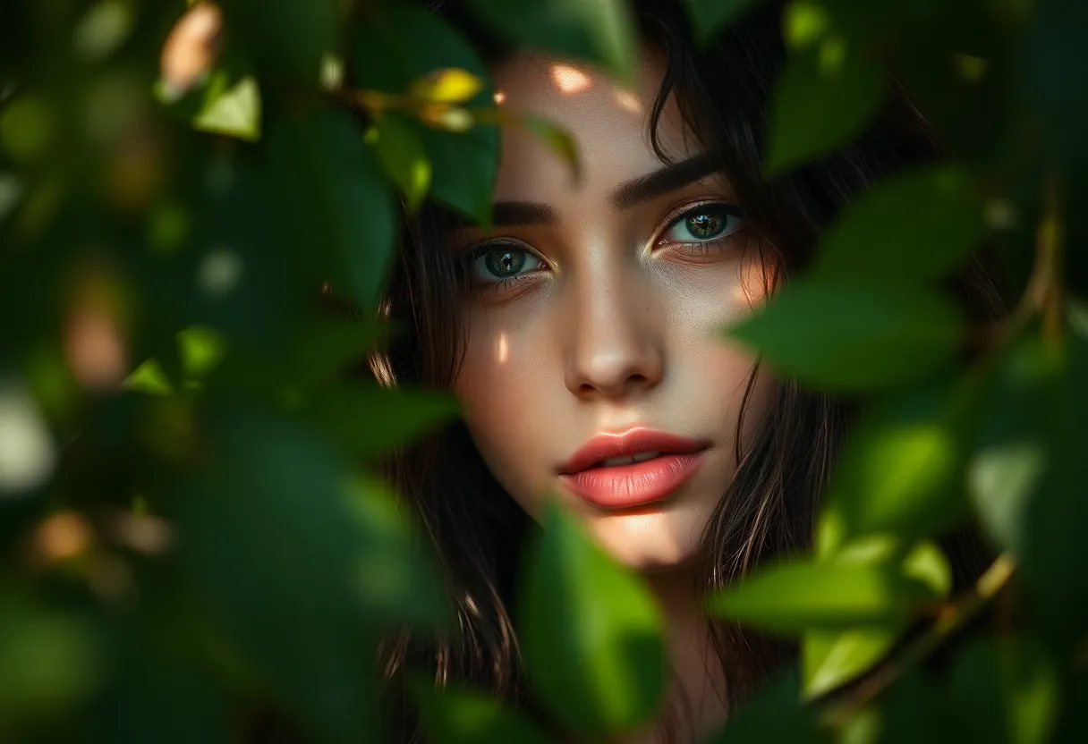 In this enchanting scene, a model stands amidst lush foliage, her textured hair beautifully illuminated by natural diffused daylight. The soft patterns created by the sunlight filtering through leaves add an ethereal quality, while the muted earth tones enhance the organic, serene atmosphere. The composition frames her within the greenery, inviting viewers into this intimate moment. The shallow depth of field ensures that the hair and model's expression remain the focal points, showcasing the delicate beauty and texture of nature and hair.