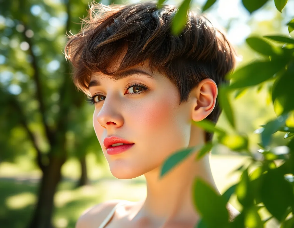 A model showcasing a stylish short haircut in an outdoor setting, illuminated by dappled sunlight filtering through the leaves. The vibrant colors of nature surround her, creating a lively atmosphere that complements her fresh and textured hairstyle. With a shallow depth of field, the background melts into a beautiful bokeh, directing focus to her confident expression. The composition effectively uses the rule of thirds, integrating the model harmoniously into the natural environment.