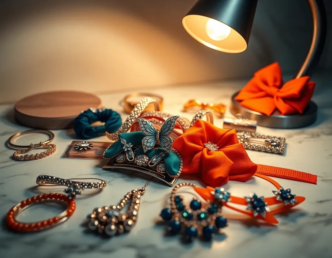 Artistic Still Life of Hair Accessories This artistic still life features a beautiful arrangement of various hair accessories, elegantly displayed on a sleek marble surface. The warm light from a tungsten lamp accentuates the textures and luxurious finishes of each piece, creating an inviting ambiance. The shallow depth of field draws attention to the fine details of the accessories, making this a perfect representation of beauty and fashion.