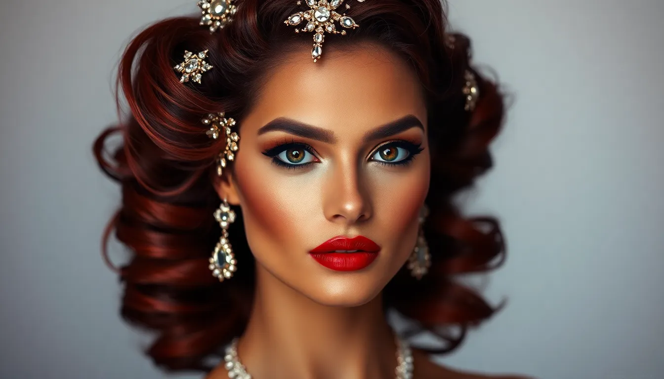 A luxurious hairstyle presents a glamorous updo decorated with sparkling jewels, captured in rich detail. The soft studio lighting enhances the opulent colors of her attire and hair accessories, showcasing an elegant pose that radiates sophistication. This stunning composition is perfect for illustrating high-fashion hairstyles in beauty and editorial photography.