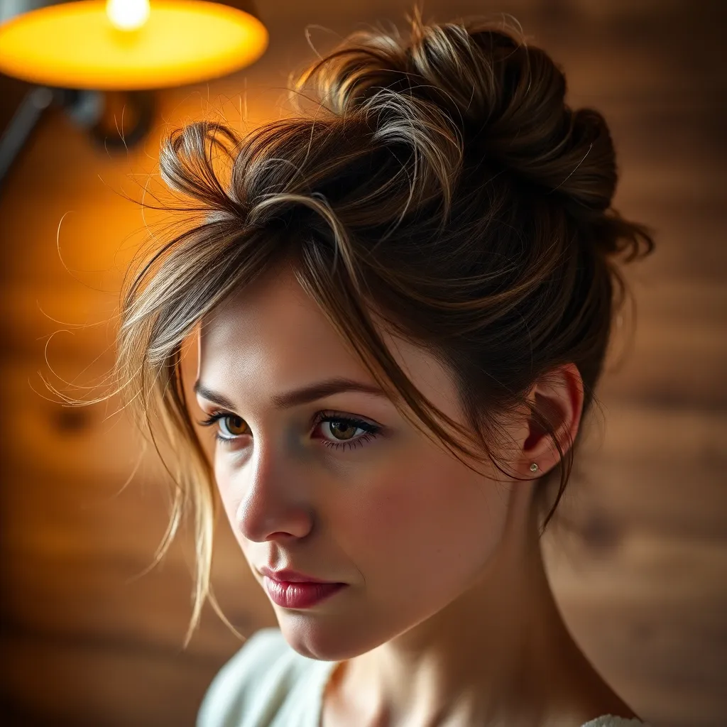 A captivating portrait of a model showcasing a stylish messy bun hairstyle, with loose tendrils softly framing her face. The warm tungsten lighting creates a cozy atmosphere, casting dramatic shadows that highlight the natural textures of her skin. The Kodak Portra 400 color palette adds warmth and richness, enhancing the model's features and the hairstyle's charm. Leading lines in the composition guide the viewer's attention toward her radiant smile, making this image a striking representation of beauty.