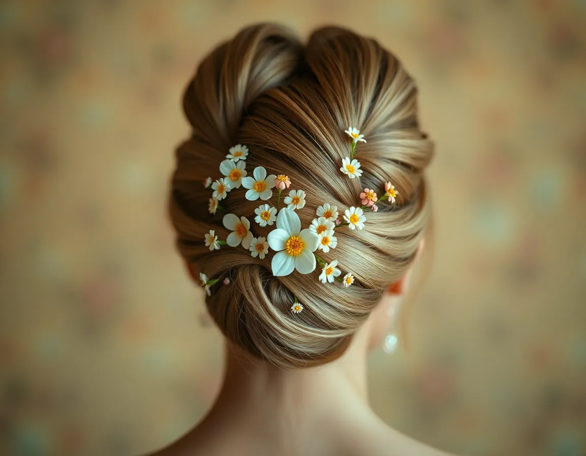 This close-up shot showcases a beautifully intricate updo hairstyle adorned with delicate flowers and sparkling hairpins. The butterfly lighting creates soft shadows and highlights, enhancing the dimensions of the hairstyle. The dreamy background and cinematic color grading provide an artistic touch, with a captivating balance of teal and orange tones. This image emphasizes the elegance and craftsmanship behind the hairstyling, making it a perfect fit for fashion and beauty themes.