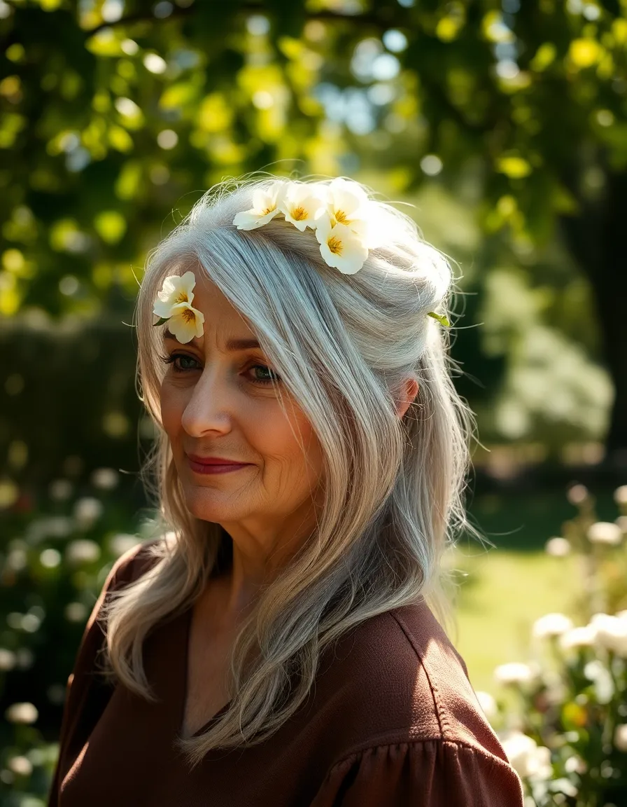 Elegant Updo with Fresh Flowers in Garden In this beautiful garden scene, an elderly woman showcases an elegant loose updo adorned with vibrant fresh flowers. The soft dappled sunlight creates a warm, inviting atmosphere, emphasizing her graceful composition and the serene nature around her. The delicate textures of her silver hair and the blooming flowers enhance the image's natural beauty, creating a timeless portrait.