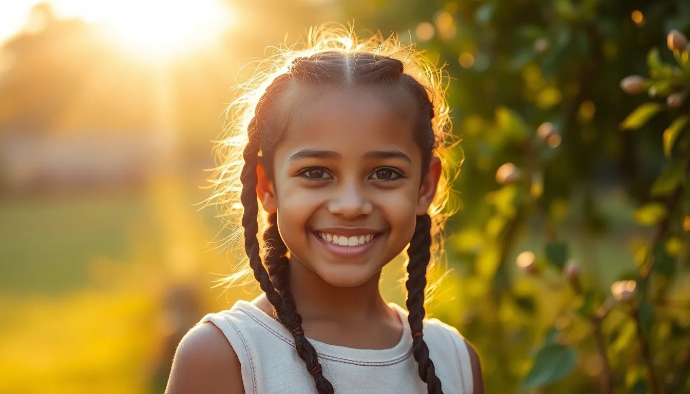 A cheerful young girl with playful braids radiates joy as the golden hour sun illuminates her hair with a warm glow. Surrounded by vibrant greenery, the scene captures the essence of childhood carefree spirit in nature. The composition not only highlights her hairstyle but also frames her joyful expression, making it an engaging image for fashion and beauty.