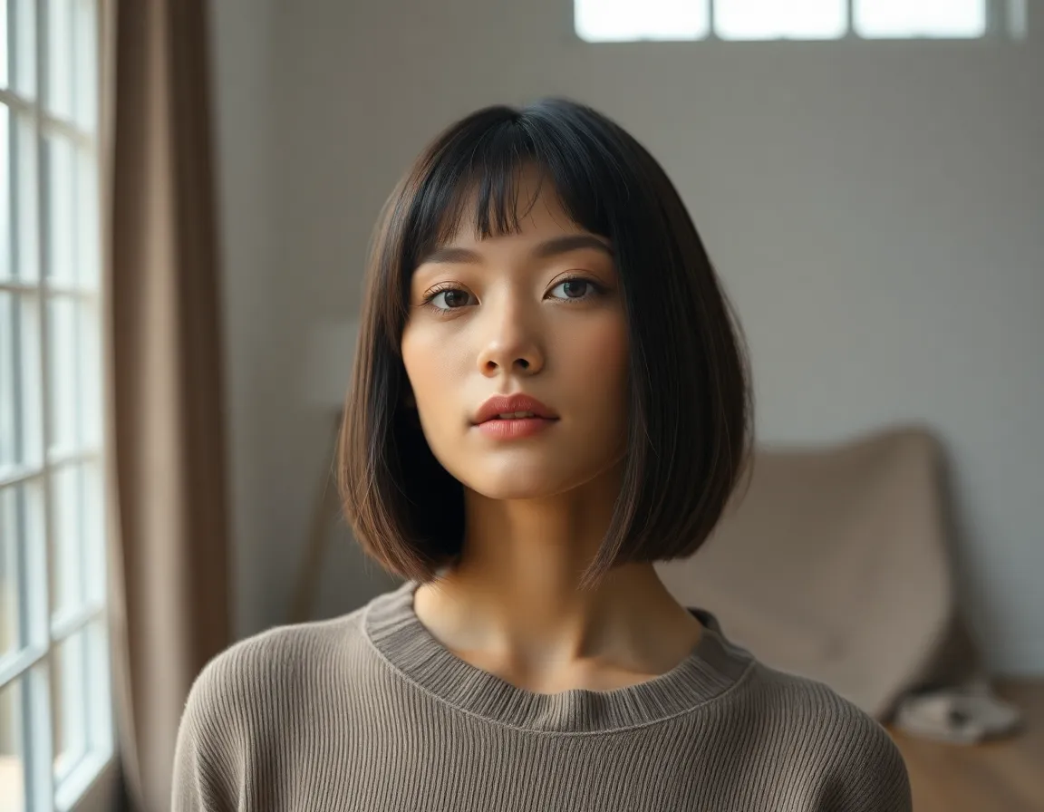 This image captures a model flaunting a sleek bob hairstyle in a minimalist studio setting. The soft, diffused daylight creates a calm and serene atmosphere, emphasizing the model’s elegant features and the smooth textures of the fabrics. The shallow depth of field renders a creamy bokeh, allowing her striking hairstyle to stand out beautifully against the subtle background. The overall design and muted color tones provide a modern and chic feel that is visually appealing.