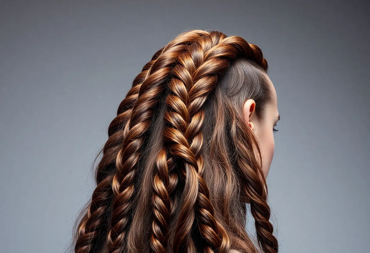 Intricate Braided Hairstyle in Studio This dynamic studio shot features a model with an elaborate braided hairstyle, captured at a slightly Dutch angle to create an engaging perspective. The three-point lighting setup accentuates the intricacies of the braids, while saturated colors provide vibrancy and depth. The smooth backdrop enhances the focus on the hair's texture and sheen, making it the centerpiece of the composition. This image is a testament to modern hairstyling artistry.