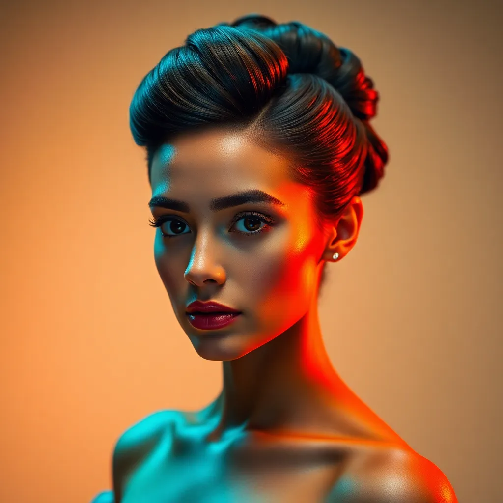 In a professionally lit studio, a model displays a sculpted updo hairstyle that exudes sophistication and elegance. The dramatic Rembrandt lighting highlights the intricate details of her hairstyle while casting soft shadows that enhance her features. The color grading adds depth and atmosphere to the image, and the centered composition draws attention to the model's poised expression. The smooth fabric of her dress complements the refined nature of her hairstyle.