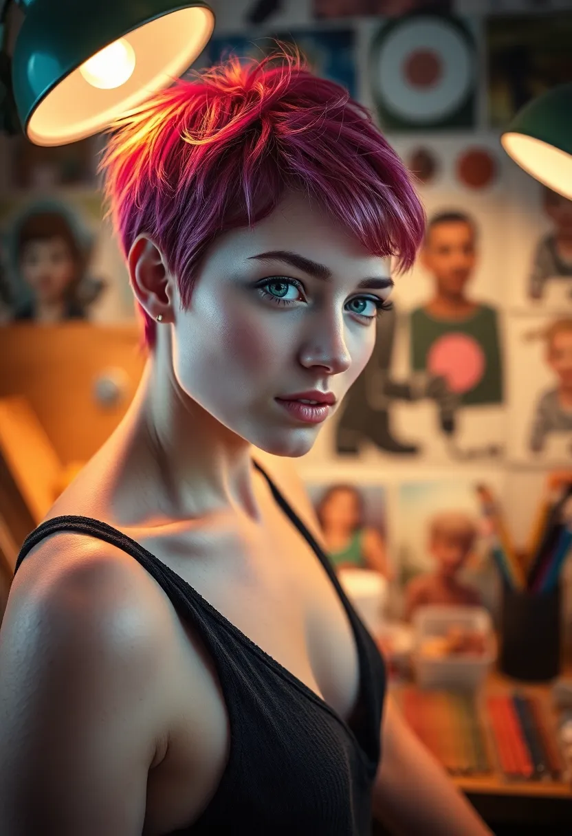 This lively image features a model with a vibrant pixie cut illuminated by the warm light of a tungsten desk lamp. The playful atmosphere is enhanced by art supplies in the background, which provide pops of color against the soft bokeh. The dynamic Dutch angle composition creates a sense of movement, drawing viewers into the scene. The natural skin texture adds authenticity, showcasing the model's freckles and engaging expression. This image perfectly captures the energy of creativity and fashion.