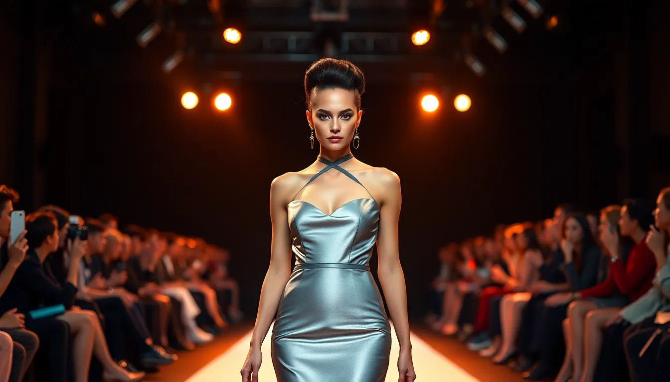 An elegant model making her way down the runway during a fashion show, showcasing a bold hairstyle that commands attention under the dramatic stage lights. The contrast created by the lighting adds depth to the scene, highlighting the sleek lines of her gown and the intricacies of her hairstyle. The centered composition frames her confidently as she presents herself, while subtle bokeh effects in the audience enhance the feeling of movement and excitement. The cinematic color grading contributes to the overall glamor and allure of the moment.