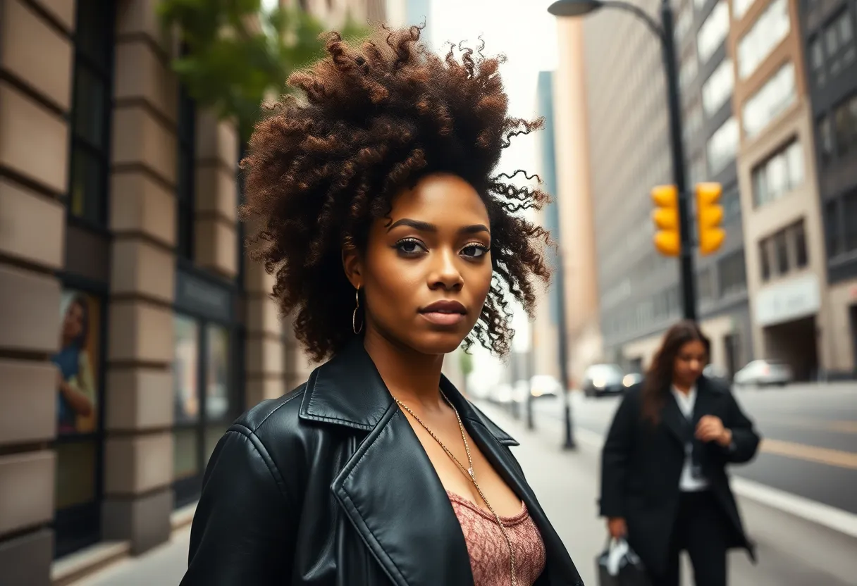 Voluminous Curly Hairstyle in Urban Street Style This striking image showcases an influencer with a voluminous curly hairstyle, proudly displaying her unique style against an urban backdrop. Captured on an overcast day, soft lighting accentuates the rich colors of her outfit and the lively curls. The sharp focus throughout the image captures the excitement of street fashion, drawing viewers into her confident pose and vibrant expression.