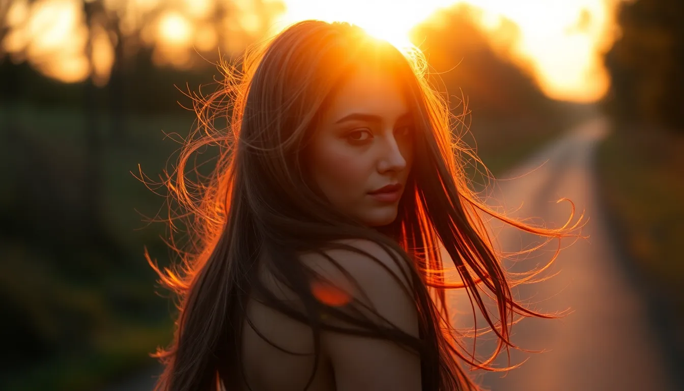This stunning image captures a model with flowing long hair illuminated by warm golden hour light, creating a beautiful rim light effect that accentuates her hairstyle. The cinematic teal and orange color grading adds an artistic touch, making the scene feel both warm and inviting. Positioned on a path lined with trees, the composition uses leading lines to draw the eye towards her, while a gentle breeze brings a sense of movement to her hair. The soft background bokeh adds depth and highlights the beauty of the moment.