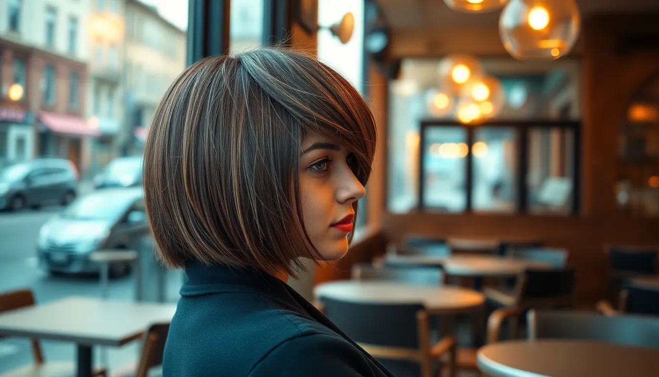 This image features a model with a modern asymmetrical bob hairstyle, seated in a contemporary café with soft diffused daylight streaming through large windows. The clean lines of the architecture and furniture create leading lines that guide the viewer's eye toward her confident pose. The neutral color palette enhances the chic atmosphere, and the sharp focus captures every detail of the hairstyle and surrounding elements, showcasing the integration of fashion and lifestyle.