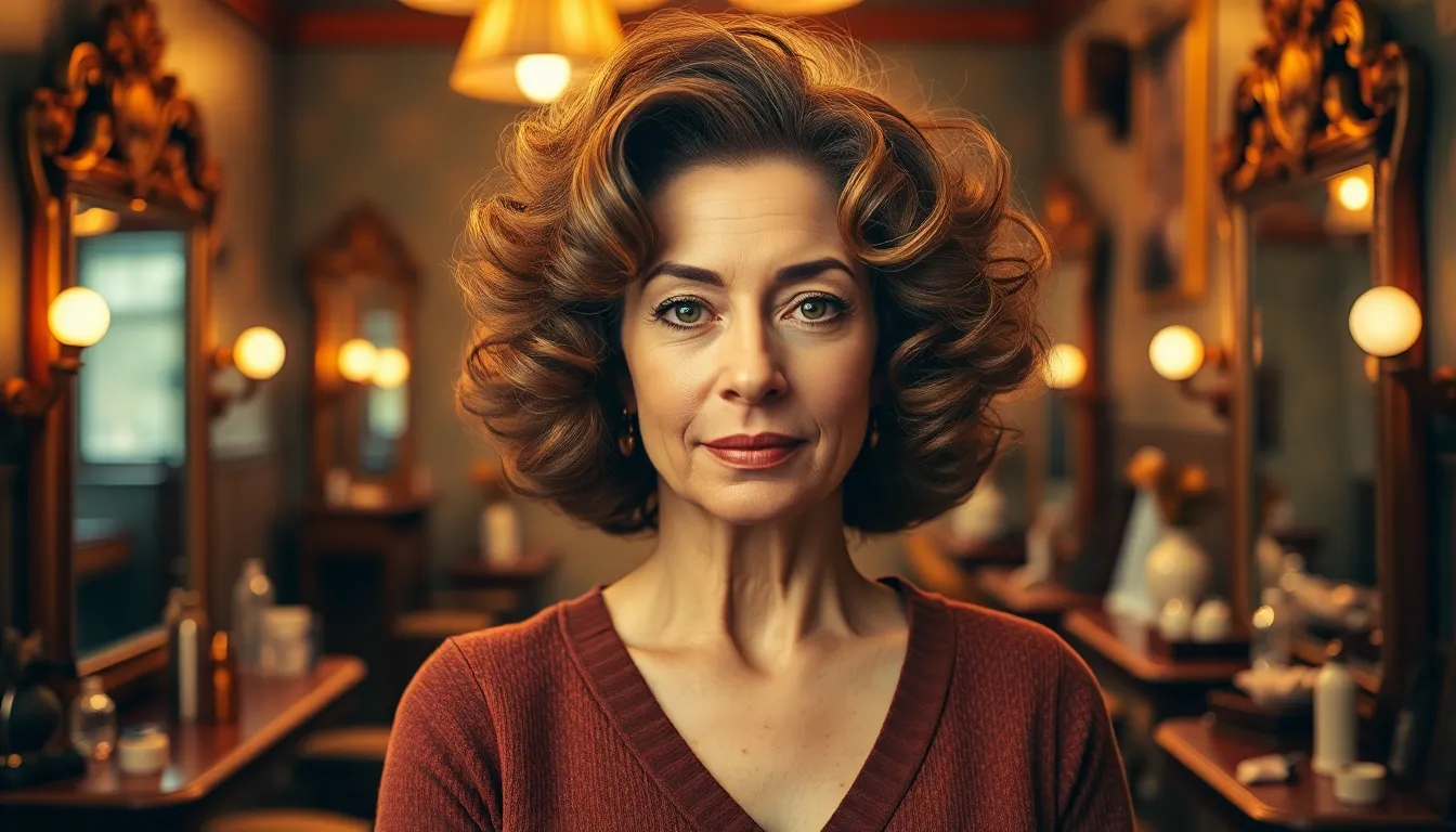 In a charming vintage salon, a middle-aged woman showcases her sophisticated curls under warm tungsten lighting. Antique mirrors reflect her elegant hairstyle, creating a captivating narrative of beauty and nostalgia. The warm color palette combined with the rich textures of her outfit enhances the inviting atmosphere, ideal for exploring traditional hairstyles in fashion.