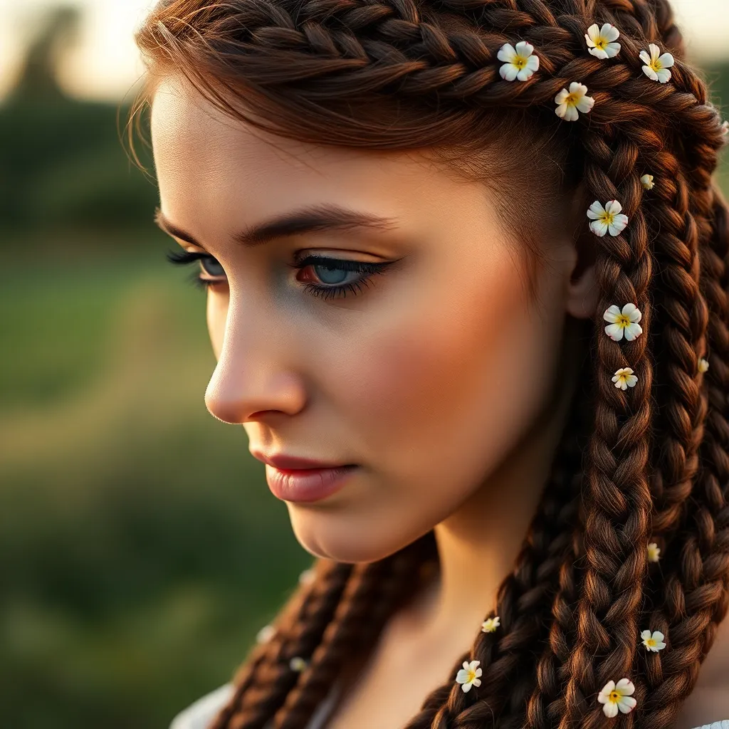 This close-up image showcases an intricate braided hairstyle decorated with small flowers, captured in fine detail. The soft Rembrandt lighting accentuates the model's features and hair textures, while the blurred natural backdrop enhances focus on the hairstyle. Rich earth tones mingle with vibrant floral colors, creating a visually pleasing palette. The composition centers on the braids, highlighting the artistry and beauty inherent in this hairstyle.