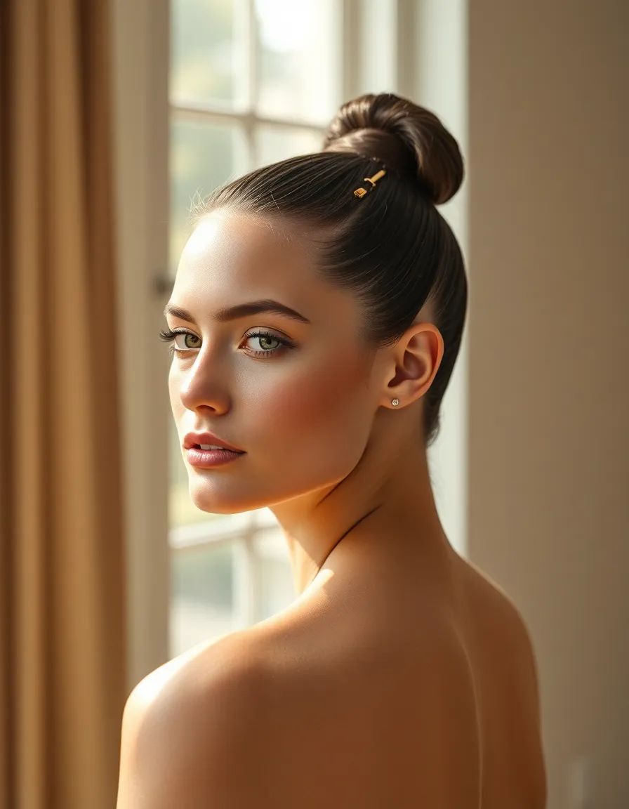 This elegant portrait features a model showcasing a high ponytail styled with gold hairpins, exuding confidence and sophistication. The soft, diffused natural light accentuates her warm skin tones, while the smooth textures of her hair create a stunning contrast against the minimalist background. The shallow depth of field draws focus to her face, emphasizing the details of her look. The composition and warm color palette foster a sense of luxury and modern beauty.