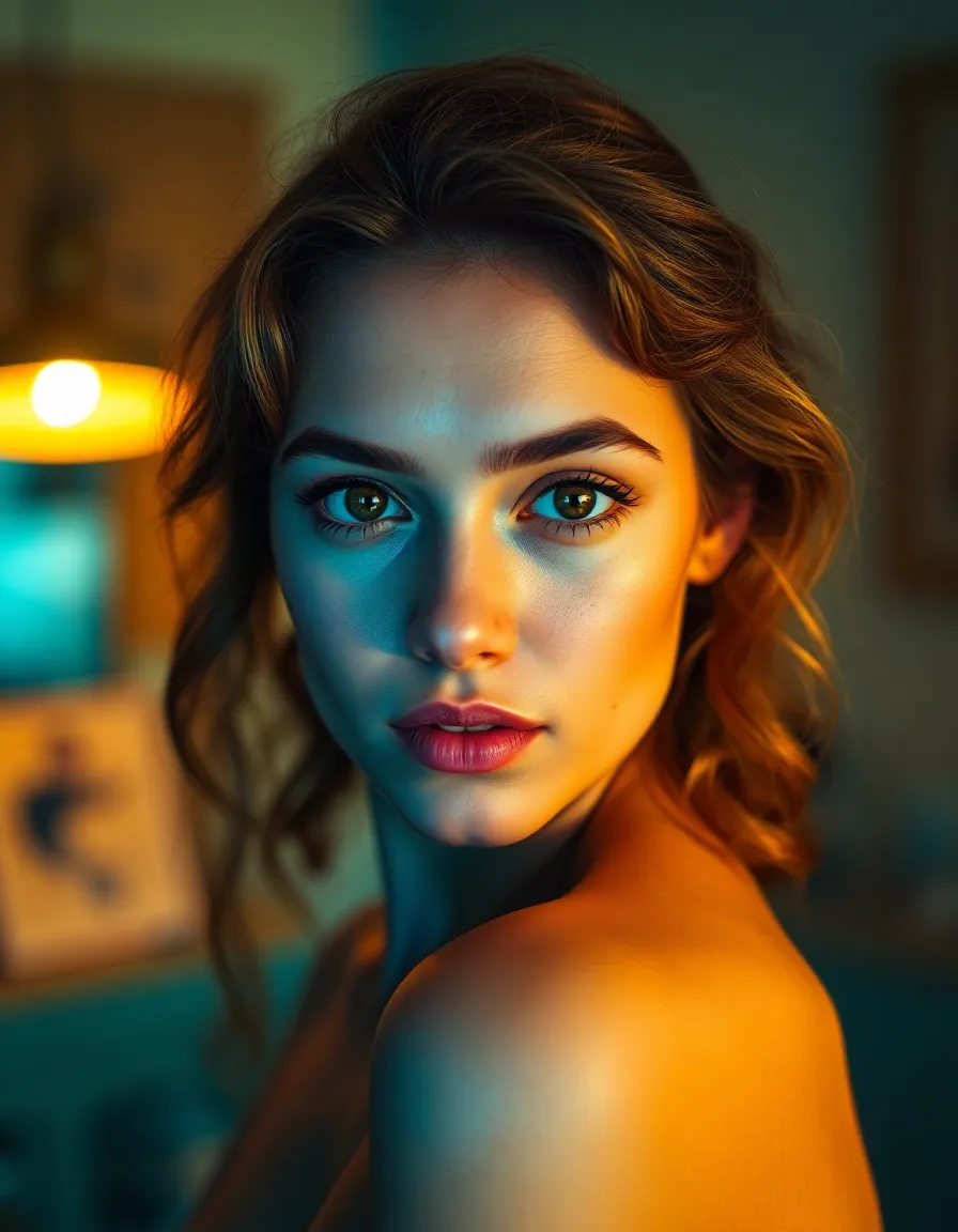 This image features a woman with elegant soft curls styled beautifully, positioned in a warm-lit indoor setting. The warm undertones contrast with her natural skin, highlighting her freckles and captivating gaze. The shallow depth of field draws attention to her expression and hairstyle, creating an intimate and inviting atmosphere. The overall composition, enhanced with teal and orange grading, adds to the image's warmth and visual interest.