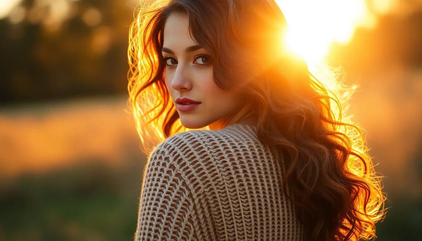 A stunning portrait of a young woman with soft curly hair, illuminated by warm golden hour light. She is wearing a cozy wool sweater, and the out-of-focus background enhances her natural beauty. The warm tones of her skin and the delicate curls complement the rich shades of the sunset. Captured with careful attention to depth and detail, this image brings a serene and inviting vibe.