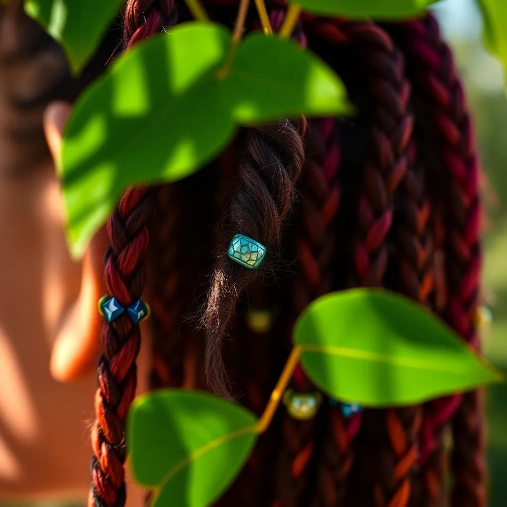 Vibrant Braided Hairstyle with Natural Highlights This vivid close-up captures a colorful braided hairstyle, adorned with beads, against a backdrop of dappled sunlight filtering through lush leaves. The use of natural light enhances the vivid jewel tones of the hair, creating a playful and artistic vibe. Shallow depth of field beautifully blurs the background, highlighting the intricate texture of the braids. This image is perfect for showcasing creativity in hairstyling and beauty trends.