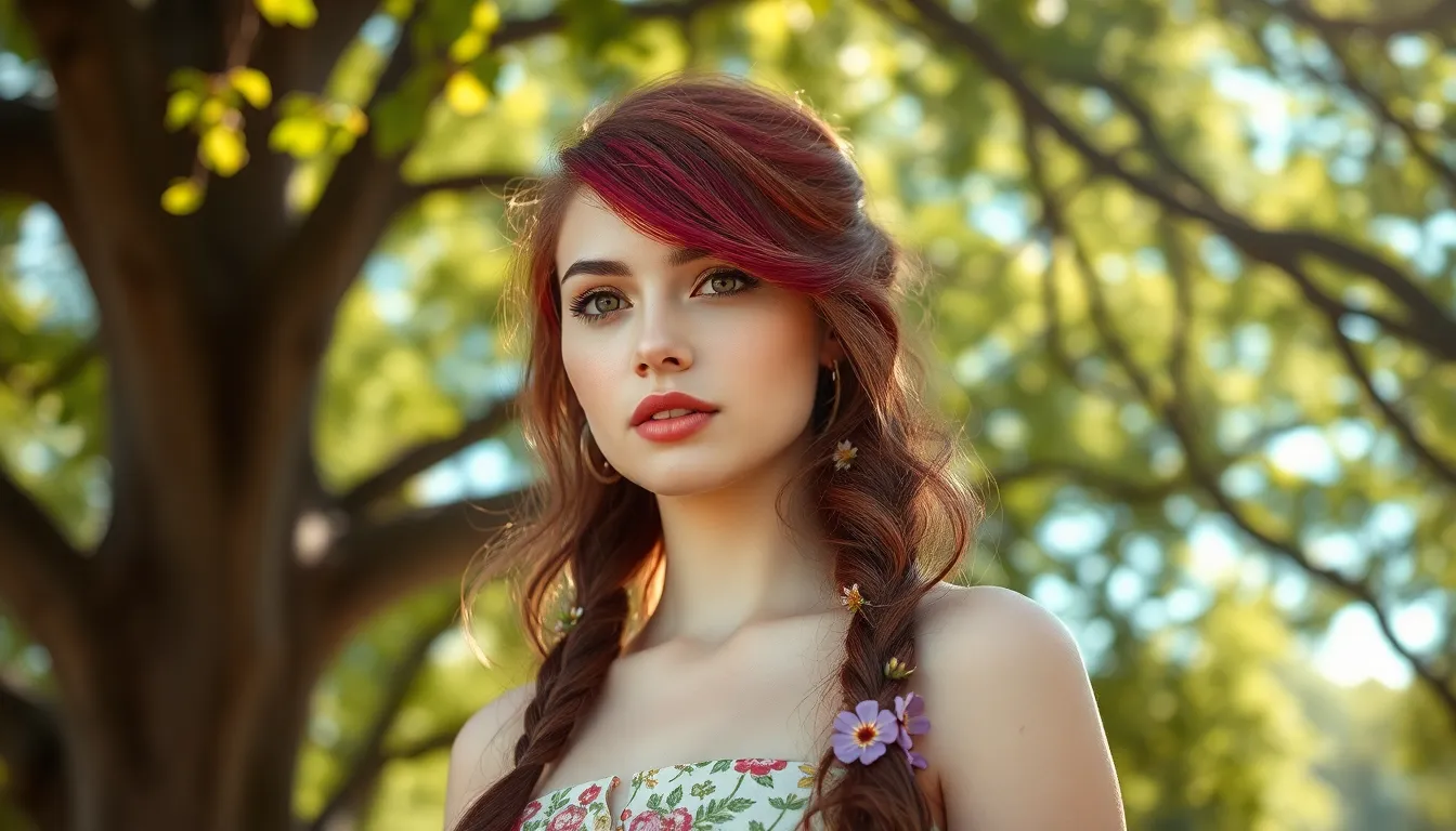 Bohemian Hairstyle with Floral Accents in Nature