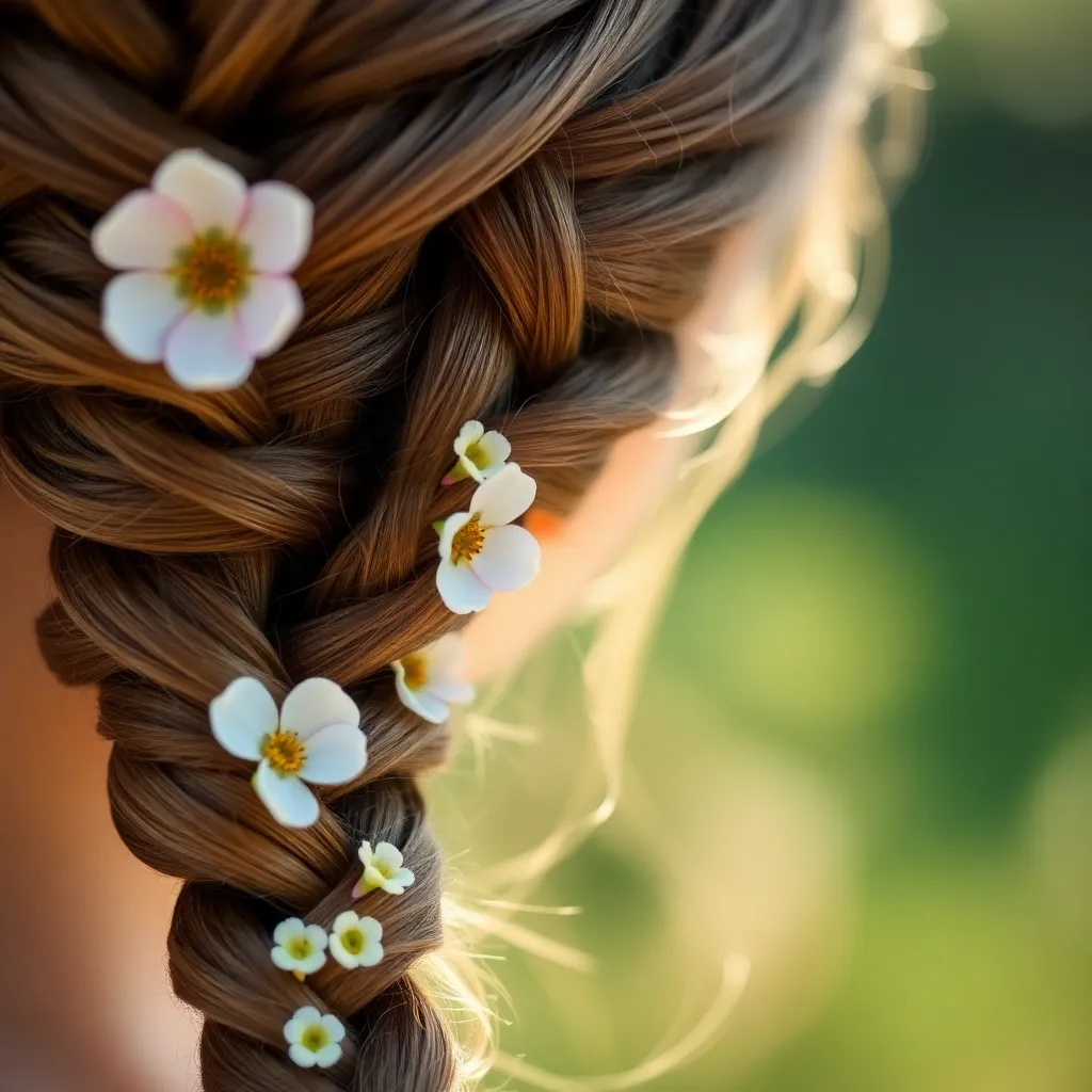 This exquisite close-up image captures a model's intricately braided hairstyle adorned with delicate flowers, showcasing the artistry of hair fashion. Soft morning light enhances the texture of the braids while the muted colors create a serene, natural atmosphere. With a macro perspective, the details of both the hair and flowers are beautifully highlighted, inviting viewers to appreciate the craftsmanship involved. The dreamy bokeh background adds to the image's elegance, concentrating focus on the richly textured hairstyle.