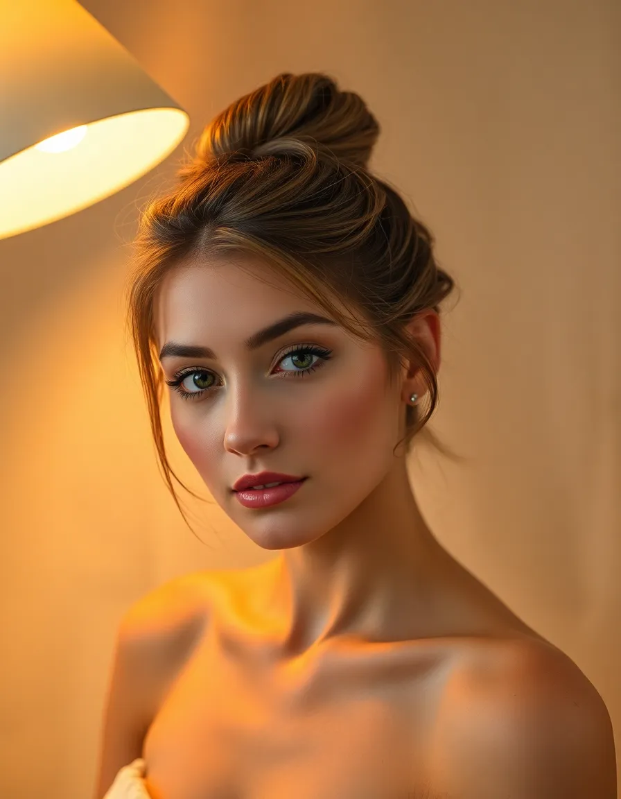 Elegant Bun Hairstyle with Soft Lighting This image features a model with an elegant bun hairstyle, softly illuminated by a warm tungsten desk lamp. The delicate wisps of hair elegantly frame her face, with a muted color palette enhancing the calming atmosphere. The textured linen backdrop adds depth, making this portrait perfect for beauty and hairstyle visuals. The composition follows the rule of thirds, showcasing the model's graceful features.