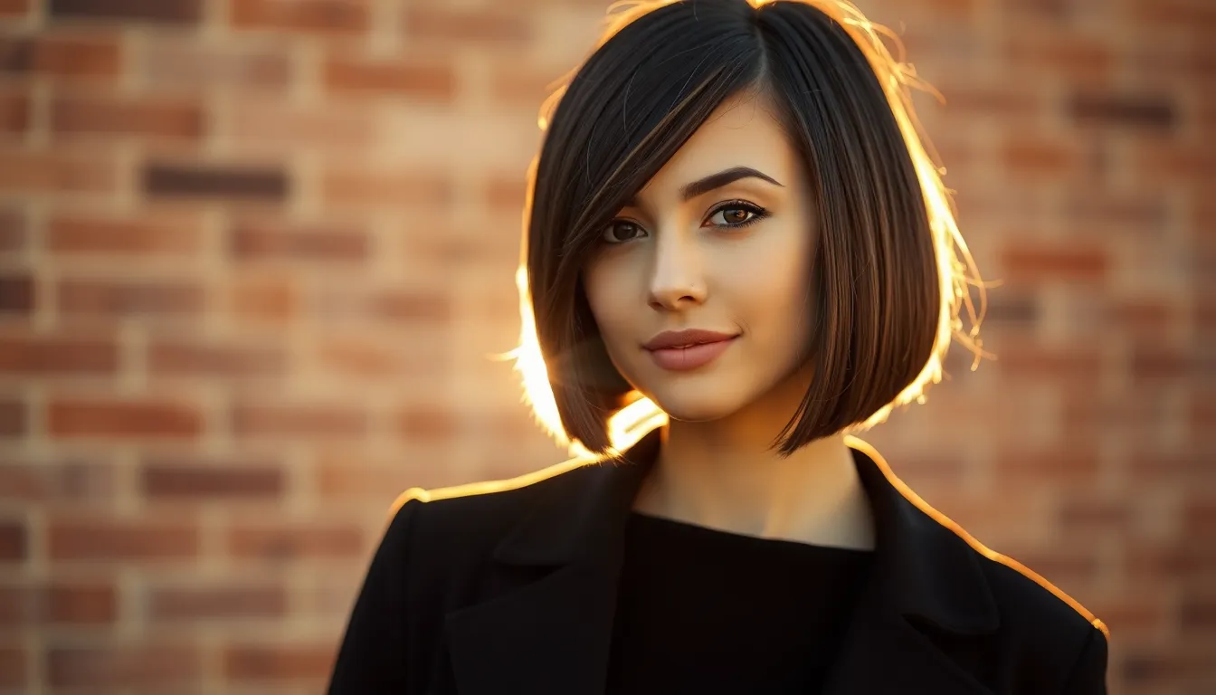 Modern Bob Hairstyle Against Brick Wall This image features a young woman sporting a sleek bob hairstyle, perfectly styled against a weathered brick wall. Captured during golden hour, the warm light accentuates her features and hair texture, creating a vibrant atmosphere. The shallow depth of field draws attention to her confident pose and stylish look. This striking composition highlights contemporary beauty and fashion.