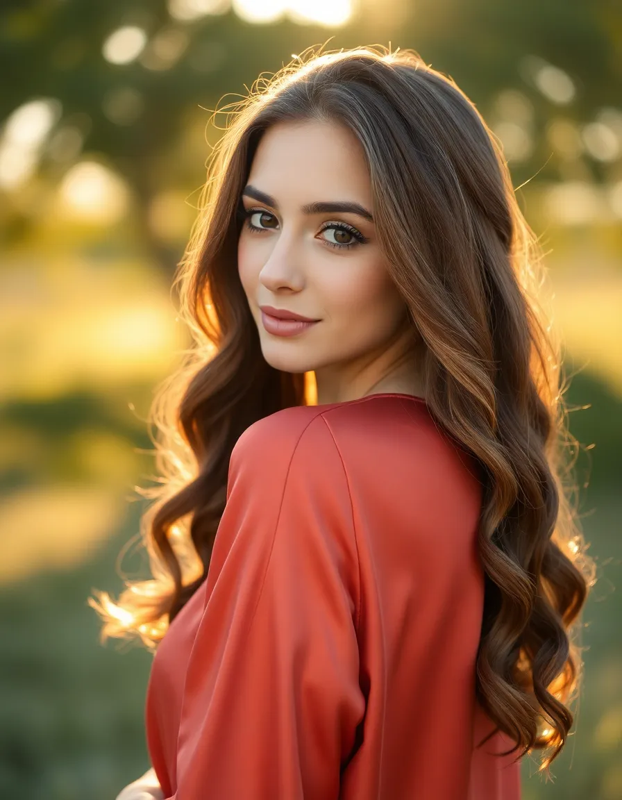 Soft Curls at Golden Hour A stunning portrait of a model with softly curled long hair, illuminated by warm golden hour backlighting. The model, dressed in a flowing silk blouse, showcases a natural and relaxed expression. The background blurs into a creamy bokeh, enhancing the focus on the model's hair texture and the warm color palette that accentuates her skin tone. The composition follows the rule of thirds, adding visual interest.