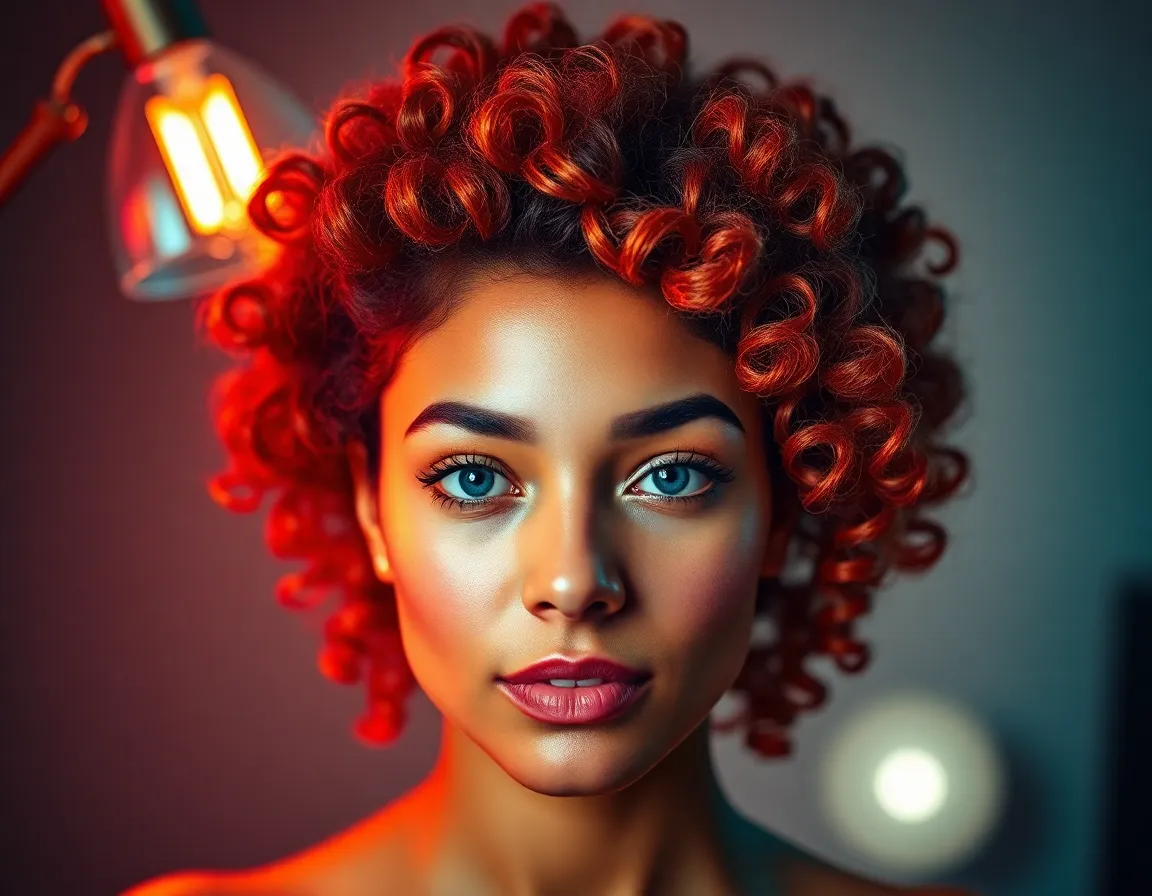 Vibrant Curly Updo with Dramatic Lighting